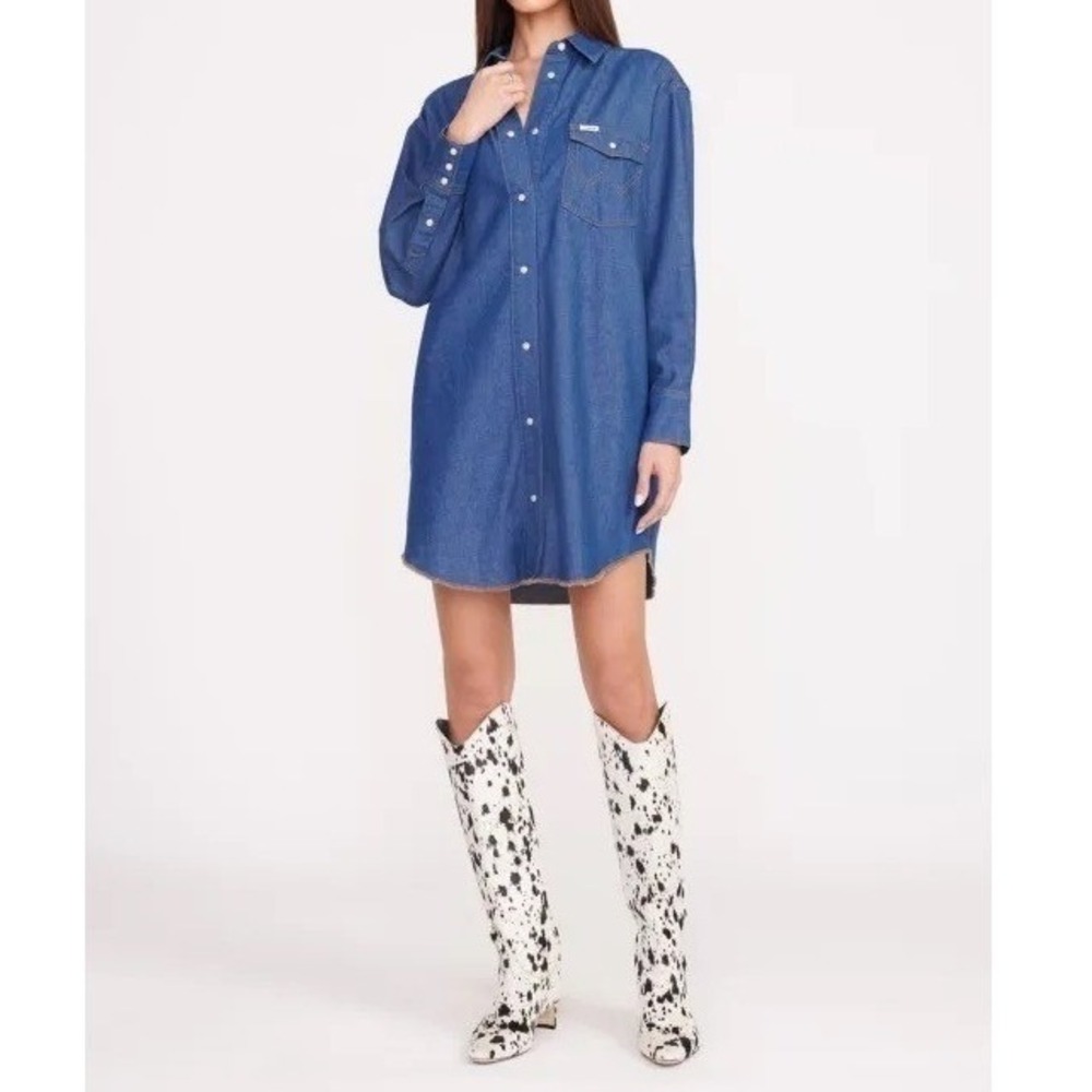 Wrangler x Staud Oversized Western Denim Shirt Dress Pearl Snap Blue Size S NEW